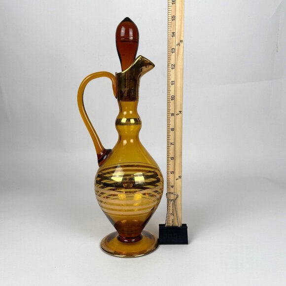 Beautiful Vintage Amber Glass Wine Decanter With Gold Stripes Retro MCM - Picture 7 of 9